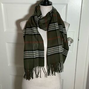 V. Fraas Cashmink Scarf Made In Germany Acrylic Olive Plaid Tartan Fringe